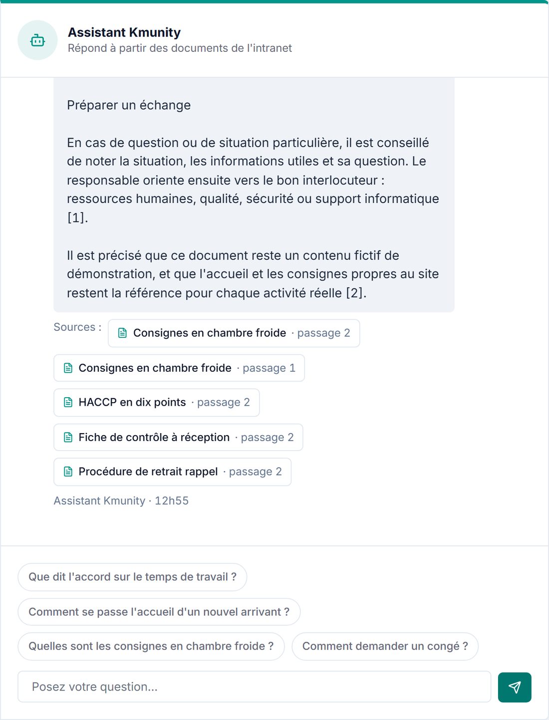 L’assistant Kmunity : fin de réponse, cinq sources documentaires et suggestions de questions