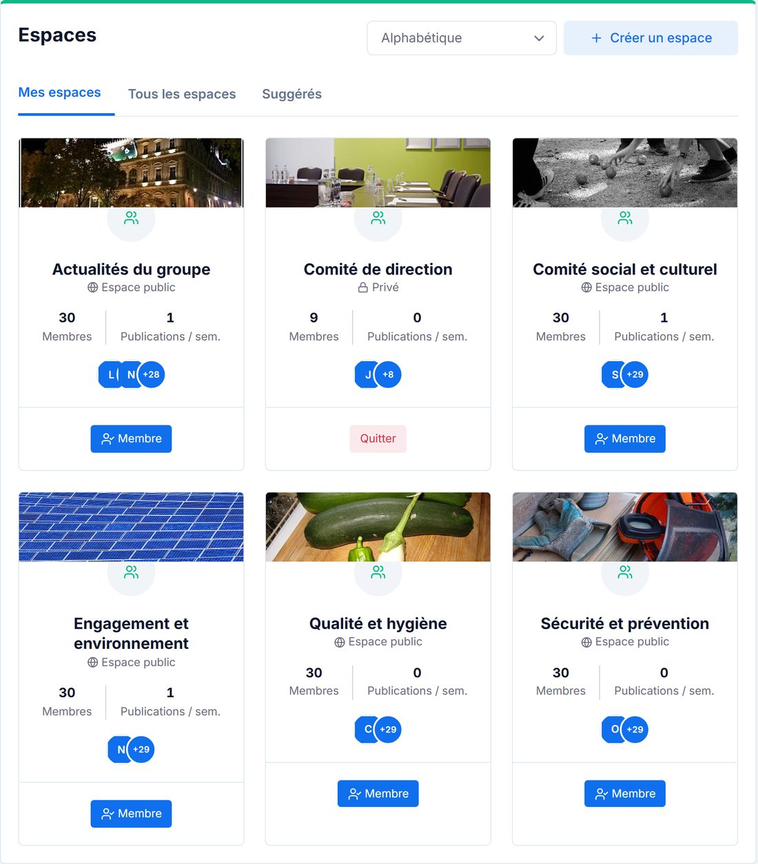 La liste des espaces, avec leur couverture, leur visibilité et leurs membres