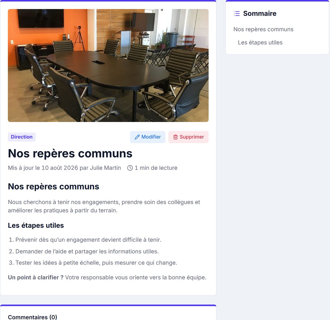 La page intranet « Nos repères communs » avec son contenu et son sommaire