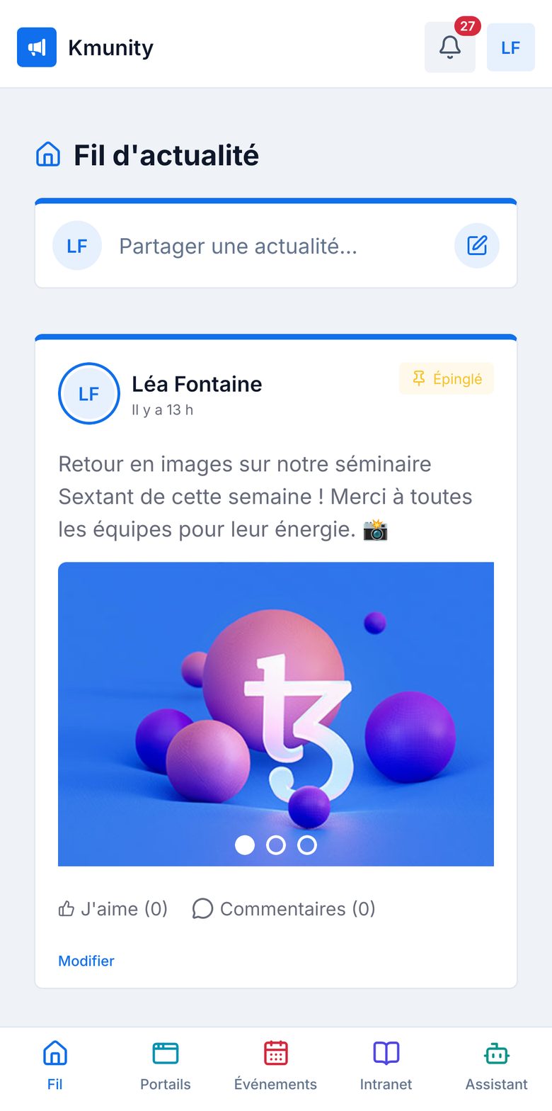 Le fil Sextant sur téléphone : composeur, publication épinglée et réactions